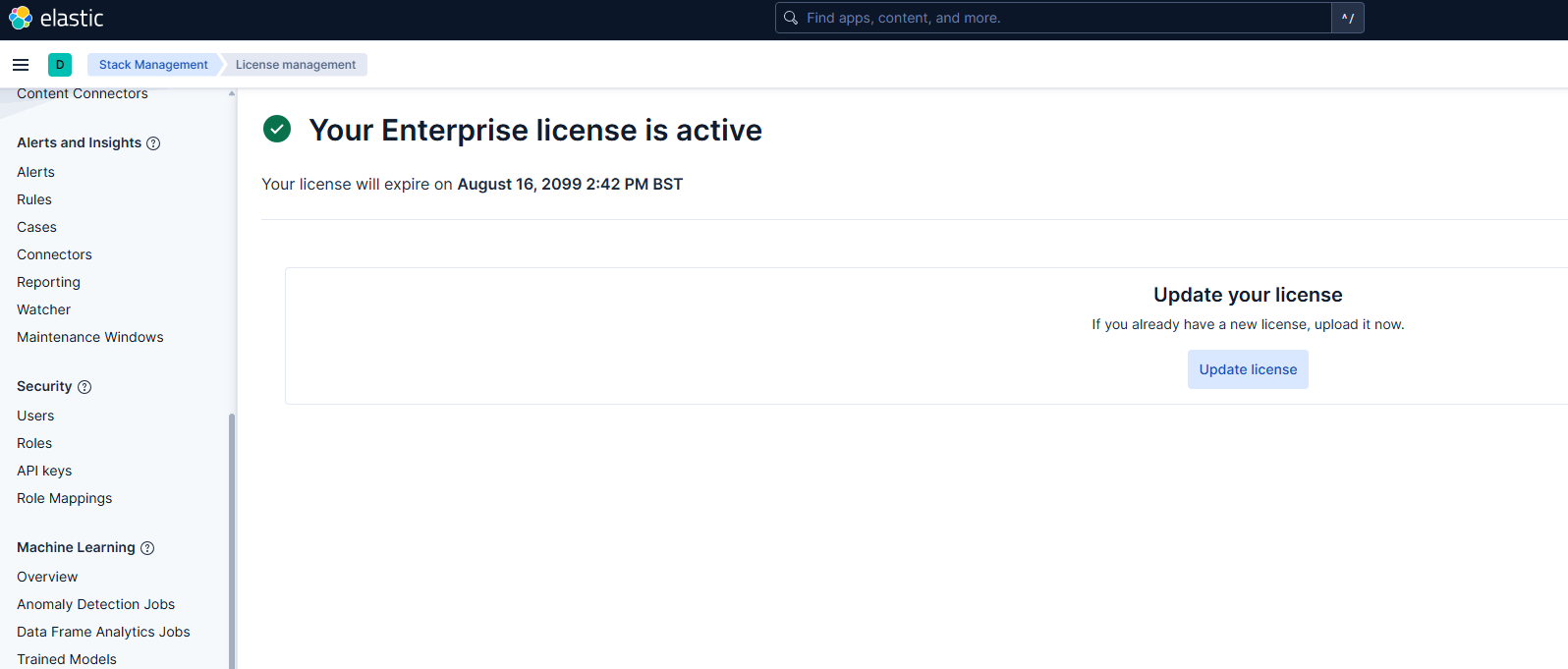 Kibana License Management - forged Enterprise license active